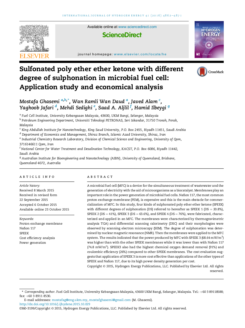 Sulfonated poly ether ether ketone with different degree of sulphonation in microbial fuel cell: Application study and economical analysis