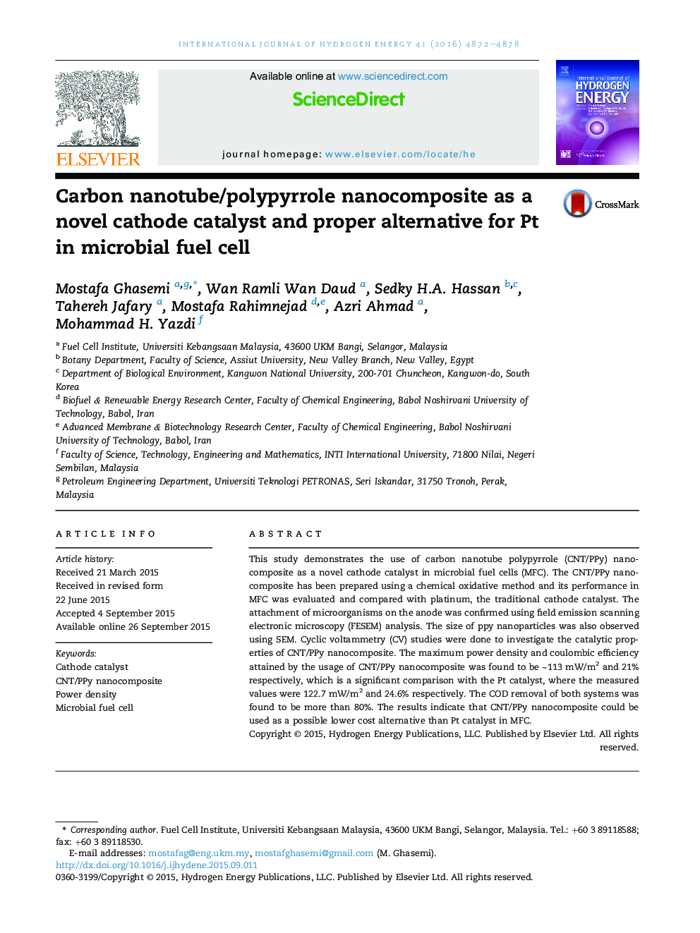 Carbon nanotube/polypyrrole nanocomposite as a novel cathode catalyst and proper alternative for Pt in microbial fuel cell