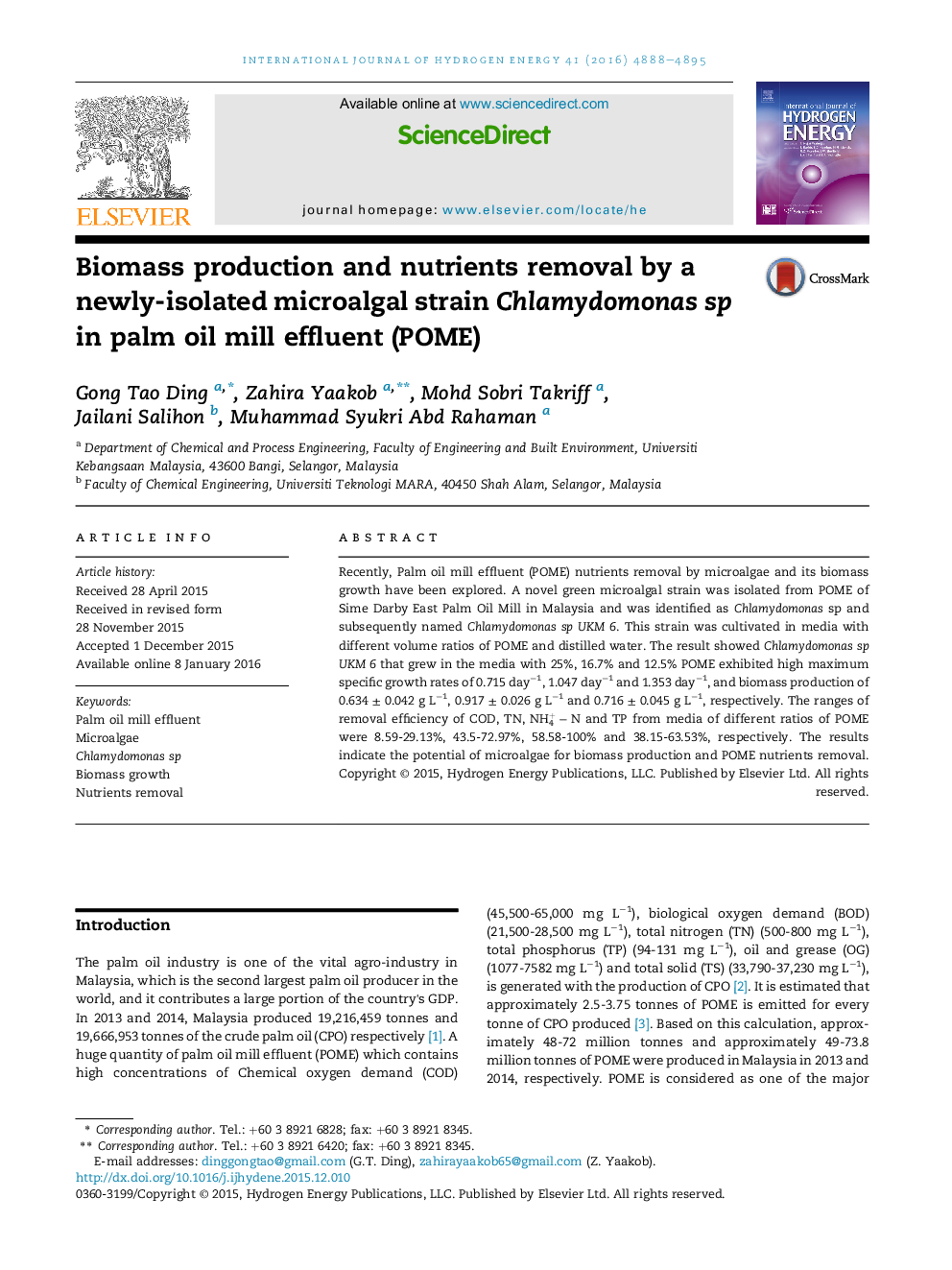 Biomass production and nutrients removal by a newly-isolated microalgal strain Chlamydomonas sp in palm oil mill effluent (POME)