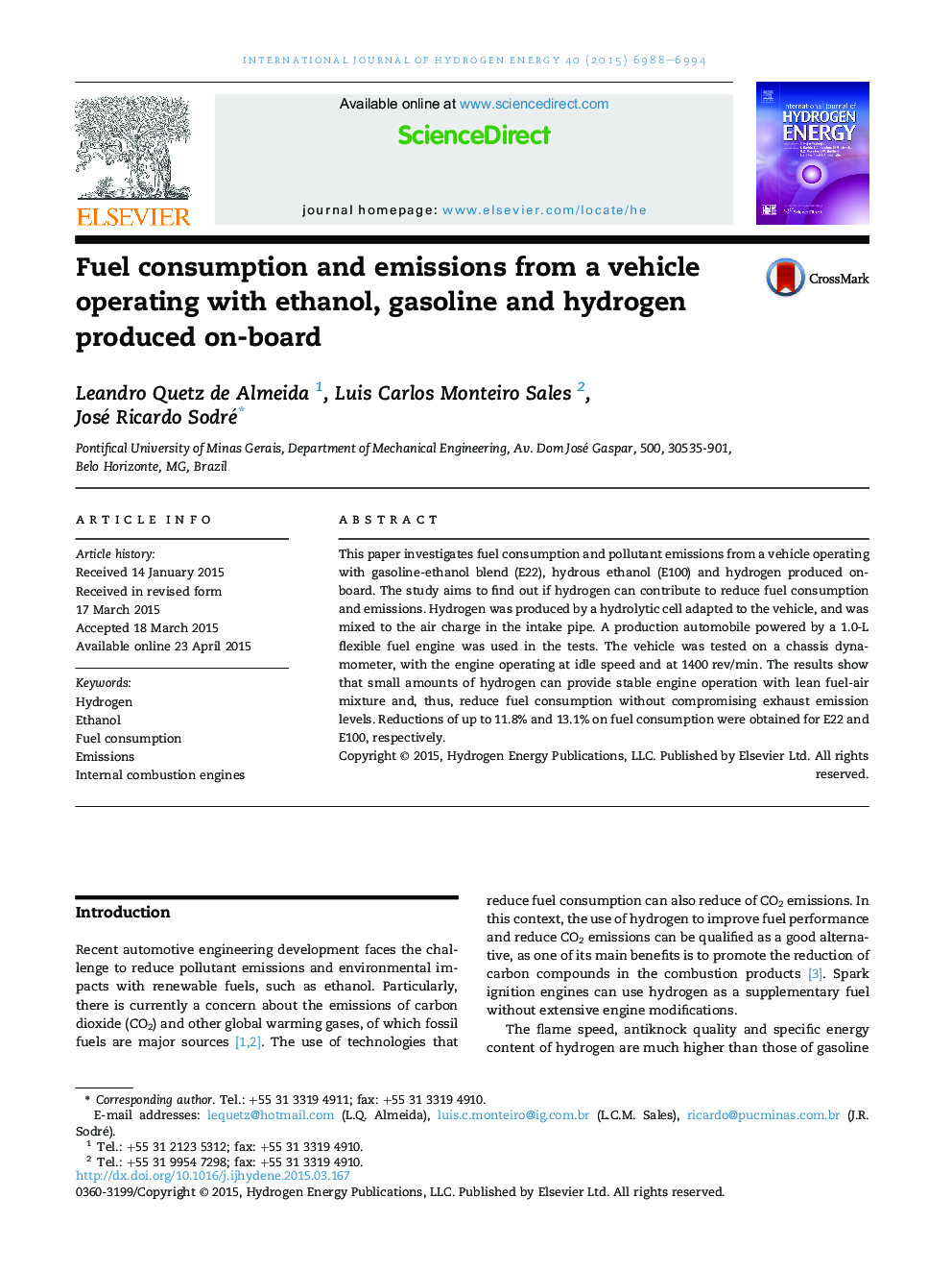 Fuel consumption and emissions from a vehicle operating with ethanol, gasoline and hydrogen produced on-board