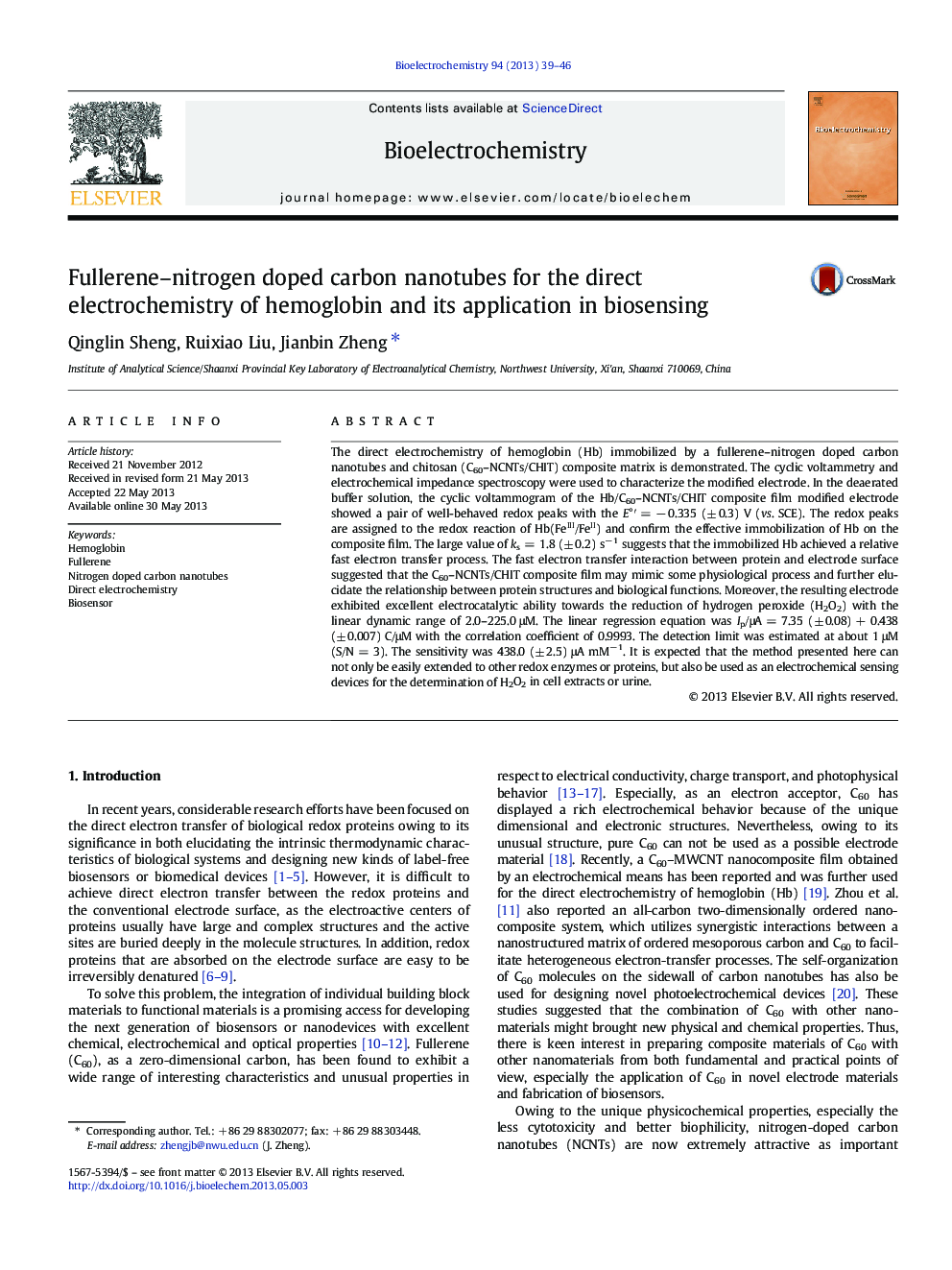 Fullerene–nitrogen doped carbon nanotubes for the direct electrochemistry of hemoglobin and its application in biosensing