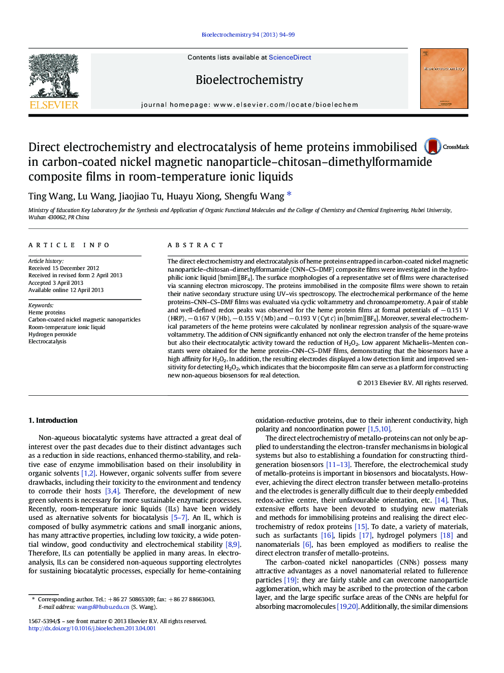 Direct electrochemistry and electrocatalysis of heme proteins immobilised in carbon-coated nickel magnetic nanoparticle–chitosan–dimethylformamide composite films in room-temperature ionic liquids