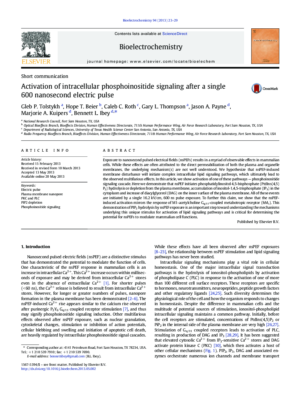 Activation of intracellular phosphoinositide signaling after a single 600 nanosecond electric pulse