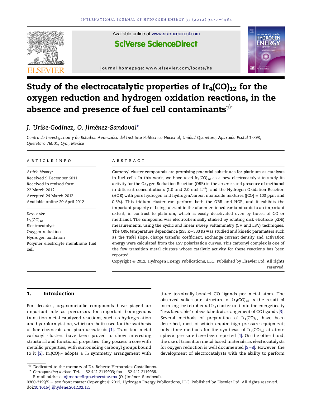 Study of the electrocatalytic properties of Ir4(CO)12 for the oxygen reduction and hydrogen oxidation reactions, in the absence and presence of fuel cell contaminants 