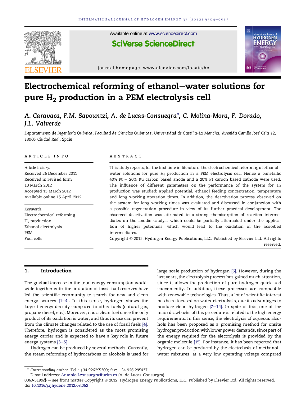 Electrochemical reforming of ethanol–water solutions for pure H2 production in a PEM electrolysis cell