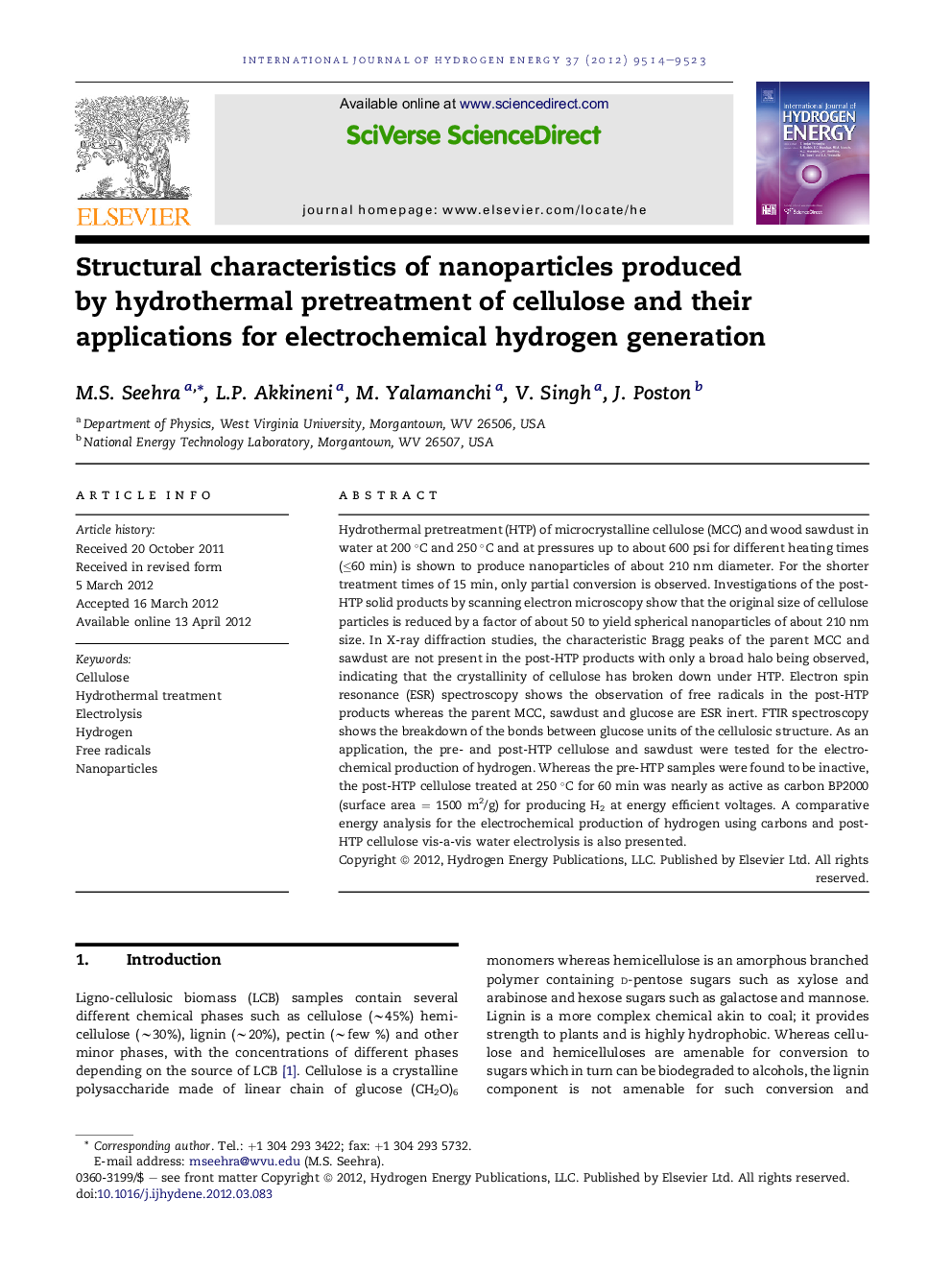 Structural characteristics of nanoparticles produced by hydrothermal pretreatment of cellulose and their applications for electrochemical hydrogen generation