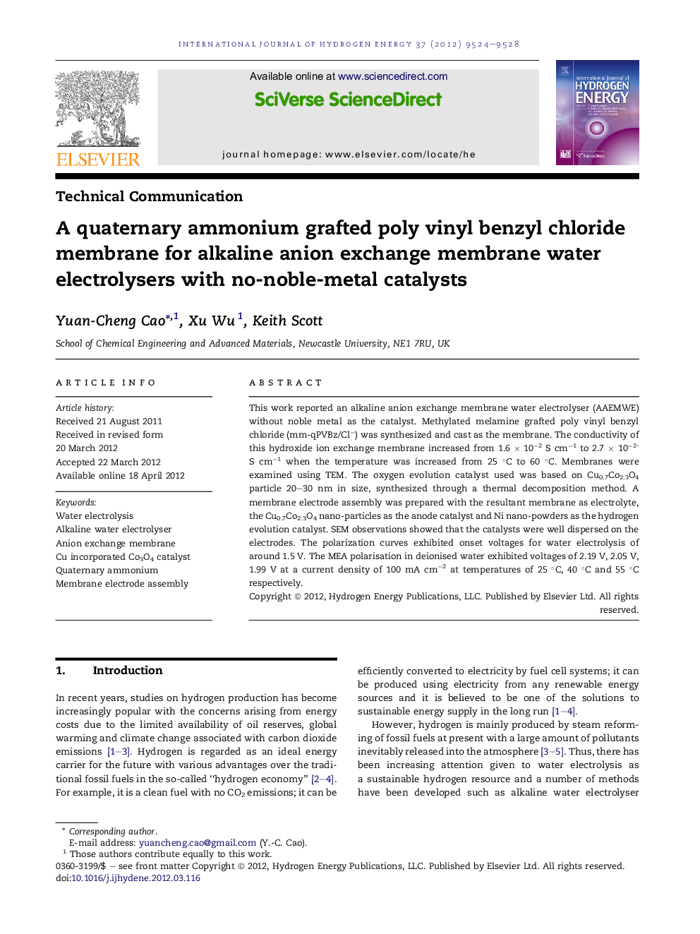 A quaternary ammonium grafted poly vinyl benzyl chloride membrane for alkaline anion exchange membrane water electrolysers with no-noble-metal catalysts