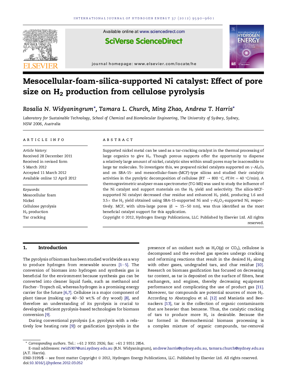 Mesocellular-foam-silica-supported Ni catalyst: Effect of pore size on H2 production from cellulose pyrolysis