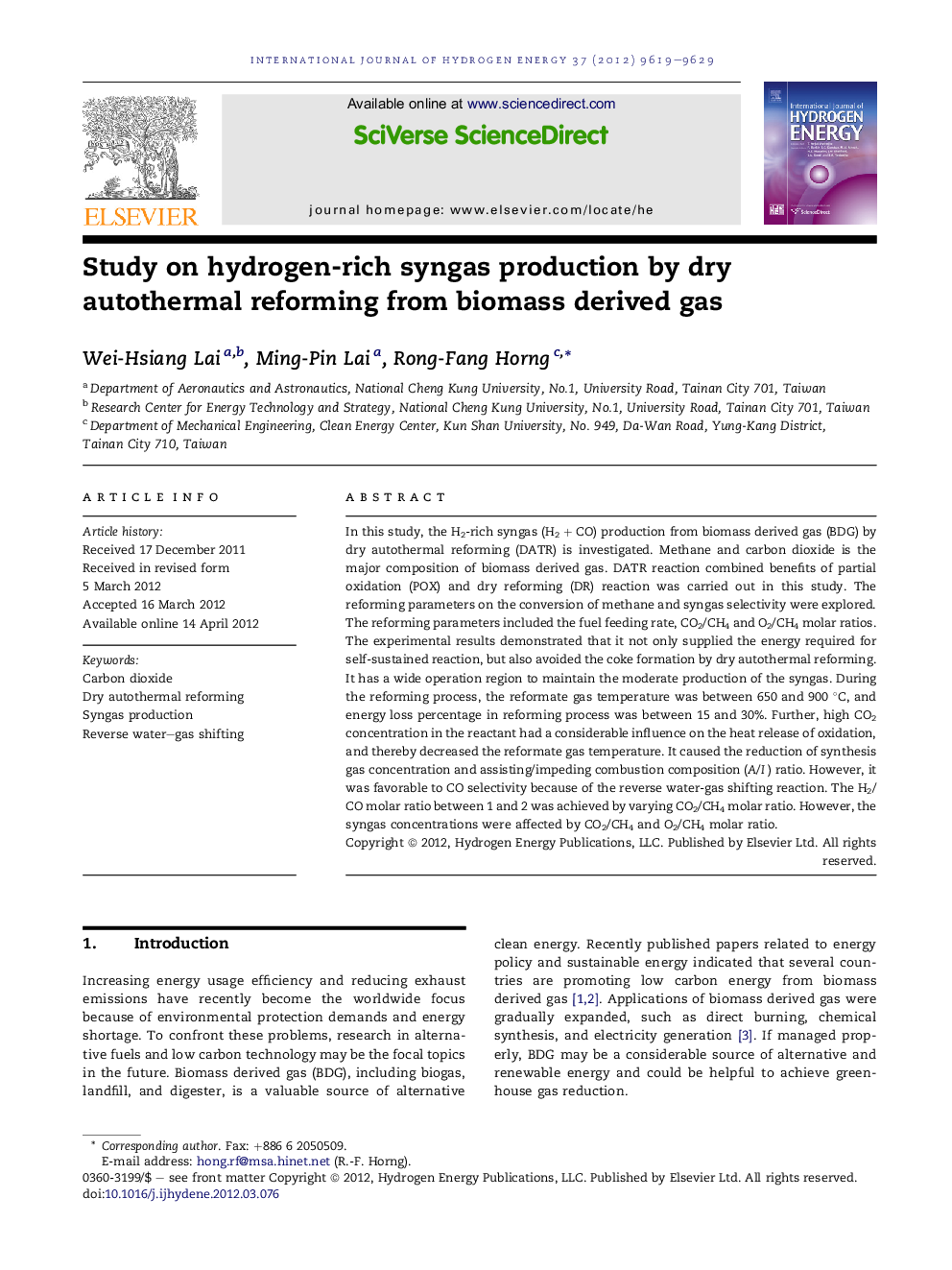 Study on hydrogen-rich syngas production by dry autothermal reforming from biomass derived gas