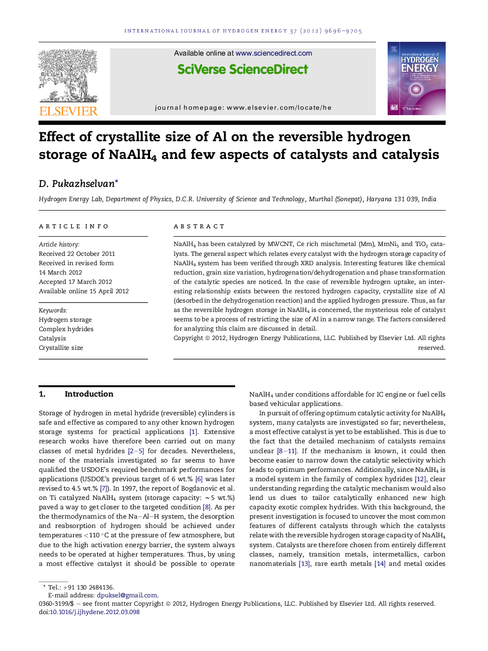 Effect of crystallite size of Al on the reversible hydrogen storage of NaAlH4 and few aspects of catalysts and catalysis