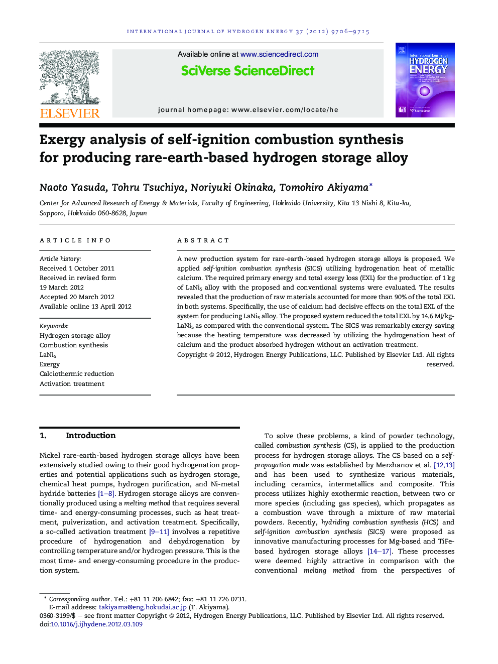 Exergy analysis of self-ignition combustion synthesis for producing rare-earth-based hydrogen storage alloy