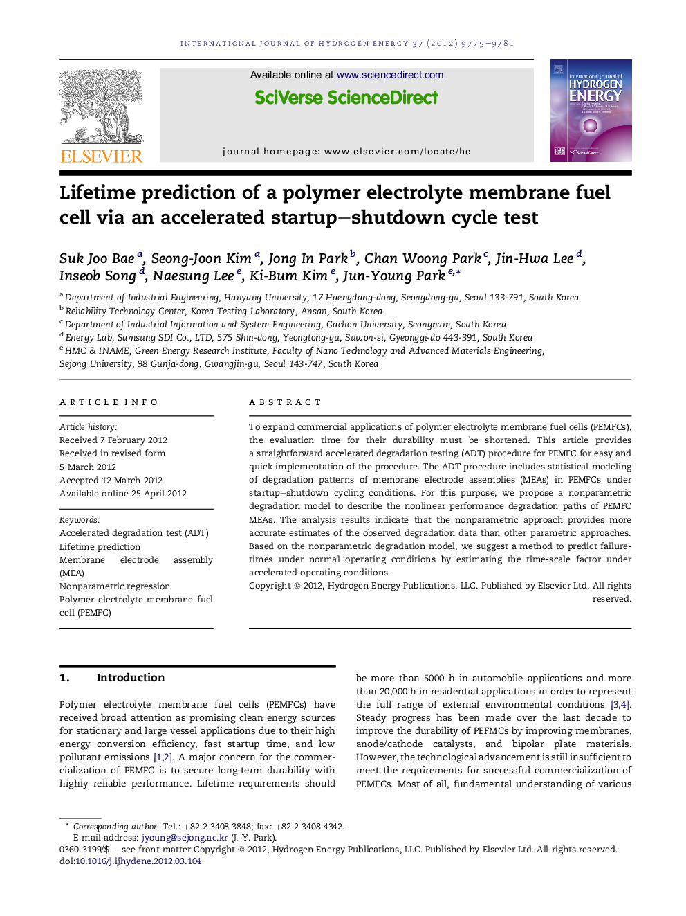 Lifetime prediction of a polymer electrolyte membrane fuel cell via an accelerated startup–shutdown cycle test