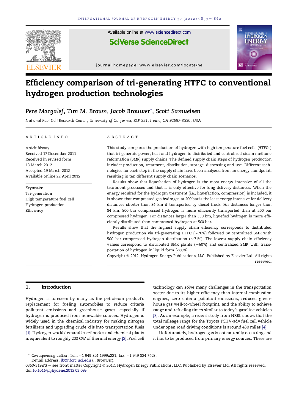 Efficiency comparison of tri-generating HTFC to conventional hydrogen production technologies