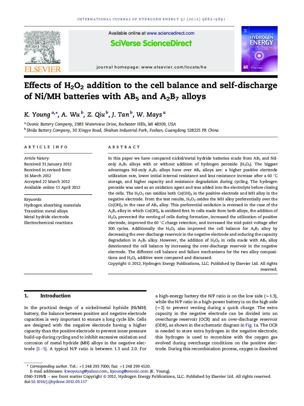 Effects of H2O2 addition to the cell balance and self-discharge of Ni/MH batteries with AB5 and A2B7 alloys