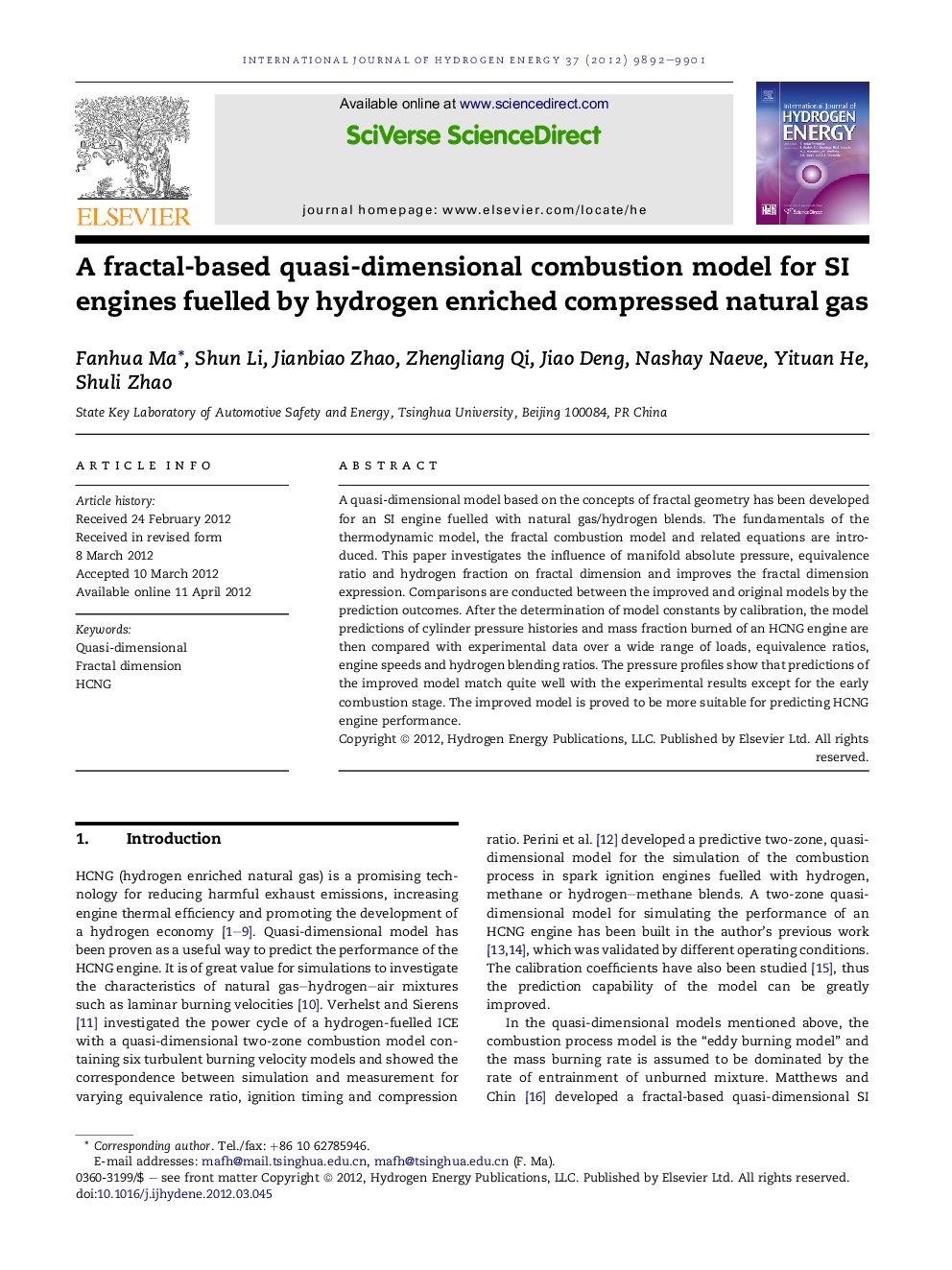 A fractal-based quasi-dimensional combustion model for SI engines fuelled by hydrogen enriched compressed natural gas