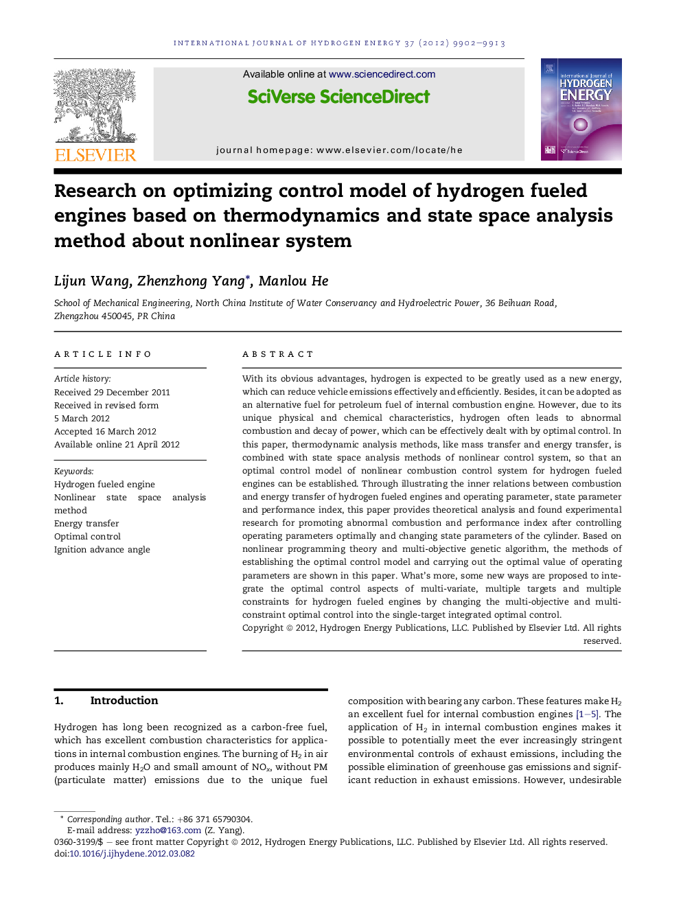 Research on optimizing control model of hydrogen fueled engines based on thermodynamics and state space analysis method about nonlinear system