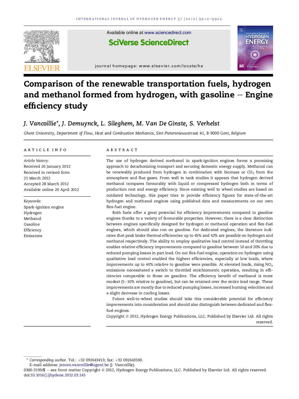 Comparison of the renewable transportation fuels, hydrogen and methanol formed from hydrogen, with gasoline – Engine efficiency study