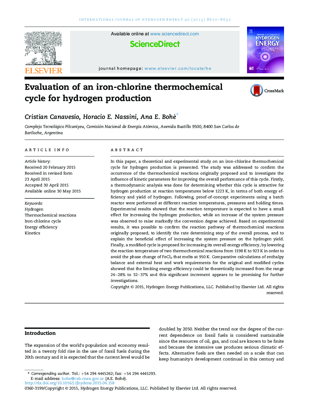 Evaluation of an iron-chlorine thermochemical cycle for hydrogen production