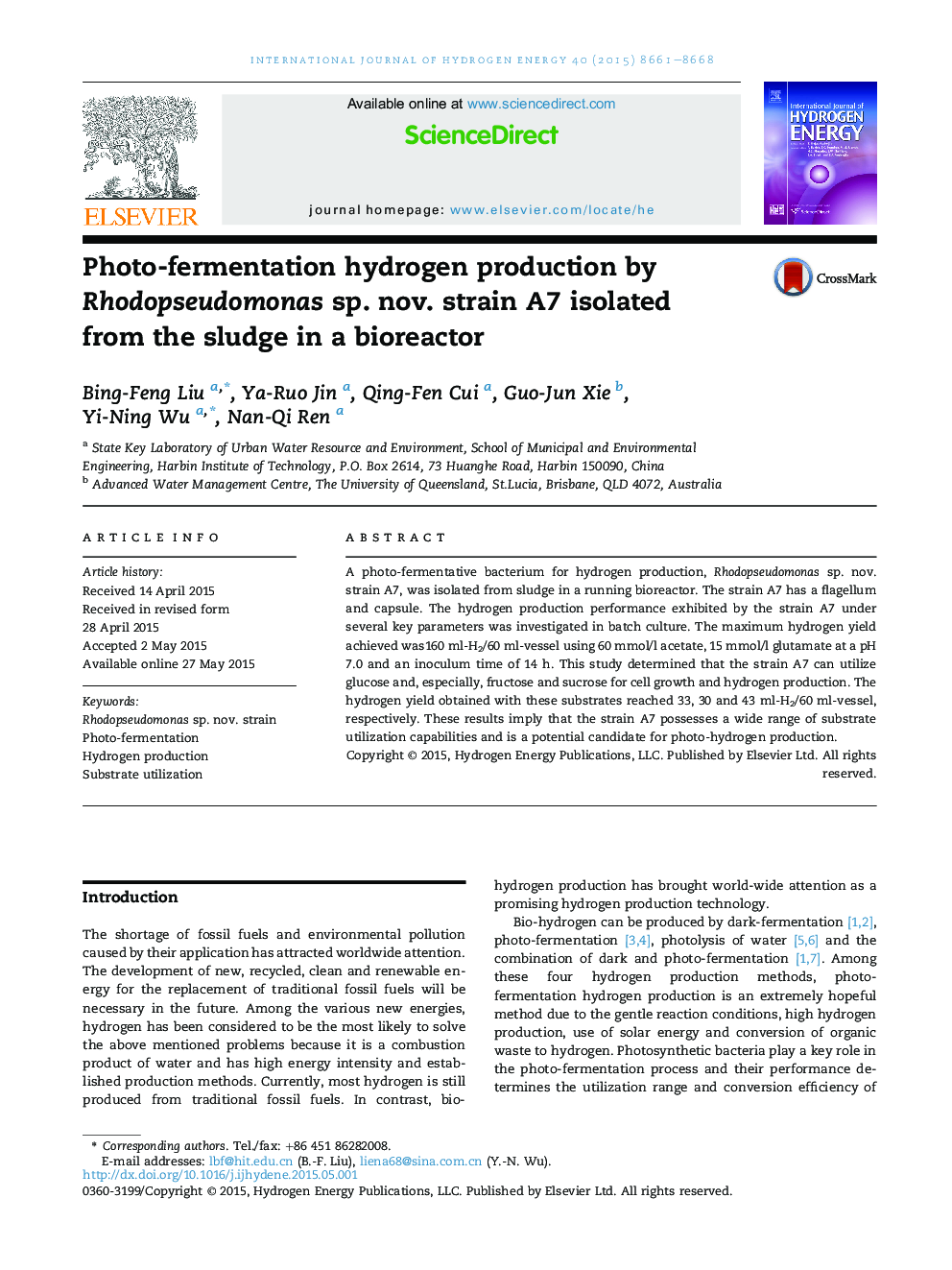 Photo-fermentation hydrogen production by Rhodopseudomonas sp. nov. strain A7 isolated from the sludge in a bioreactor