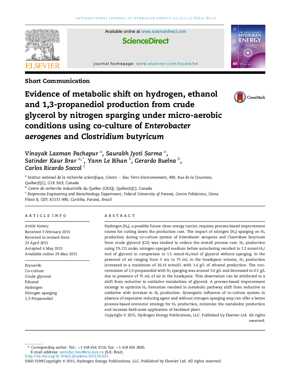 Evidence of metabolic shift on hydrogen, ethanol and 1,3-propanediol production from crude glycerol by nitrogen sparging under micro-aerobic conditions using co-culture of Enterobacter aerogenes and Clostridium butyricum