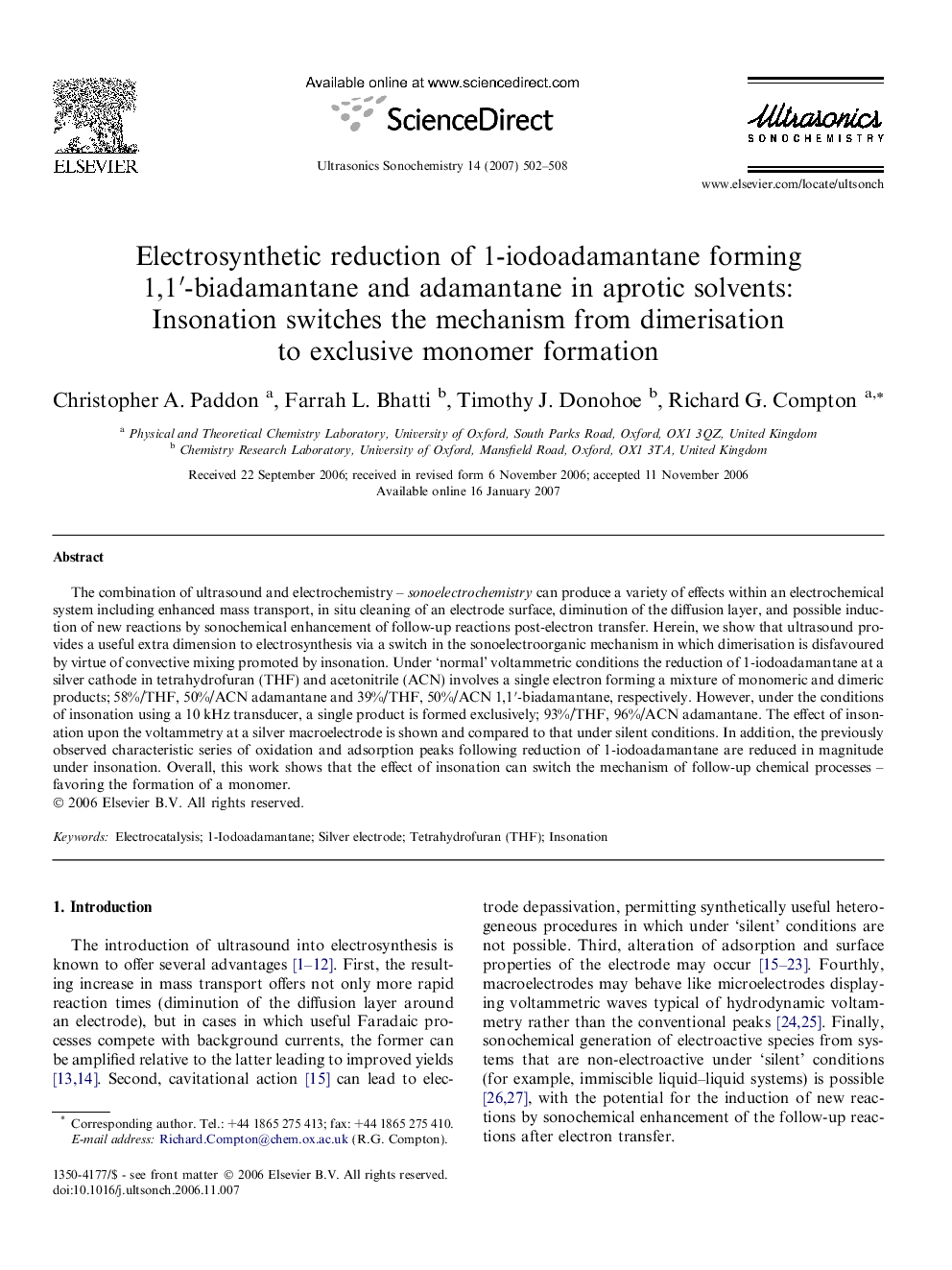 عکس صفحه اول مقاله: Electrosynthetic reduction of 1-iodoadamantane forming 1,1′-biadamantane and adamantane in aprotic solvents: Insonation switches the mechanism from dimerisation to exclusive monomer formation Electrosynthetic reduction of 1-iodoadamantane forming 1,1′-biadamantane and adamantane in aprotic solvents: Insonation switches the mechanism from dimerisation to exclusive monomer formation