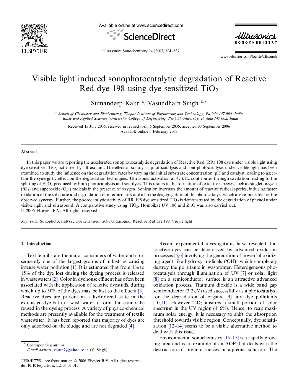 Visible light induced sonophotocatalytic degradation of Reactive Red dye 198 using dye sensitized TiO2