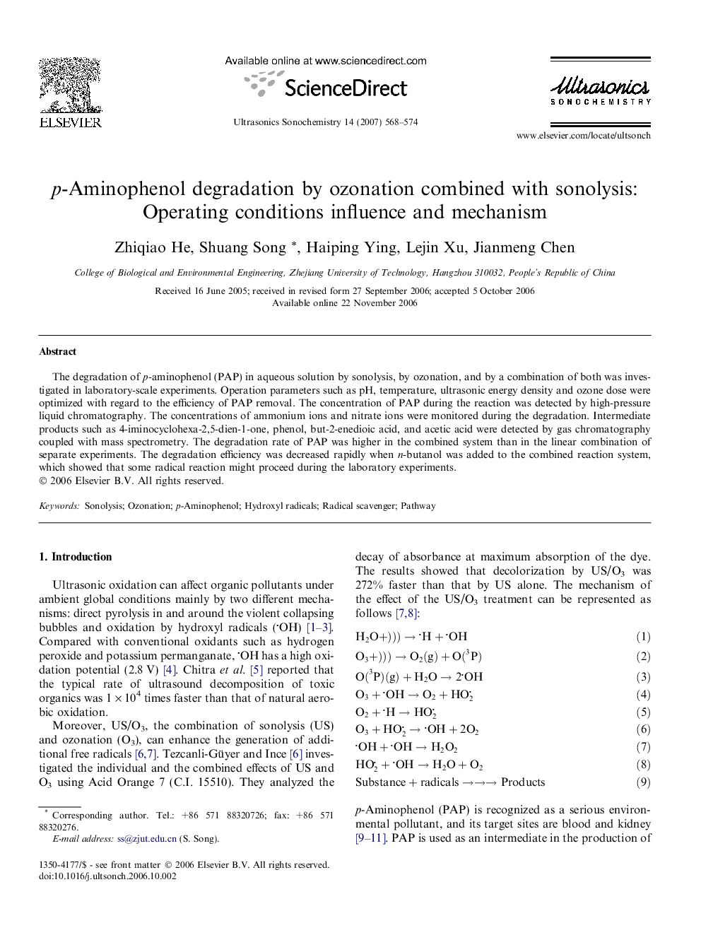 p-Aminophenol degradation by ozonation combined with sonolysis: Operating conditions influence and mechanism