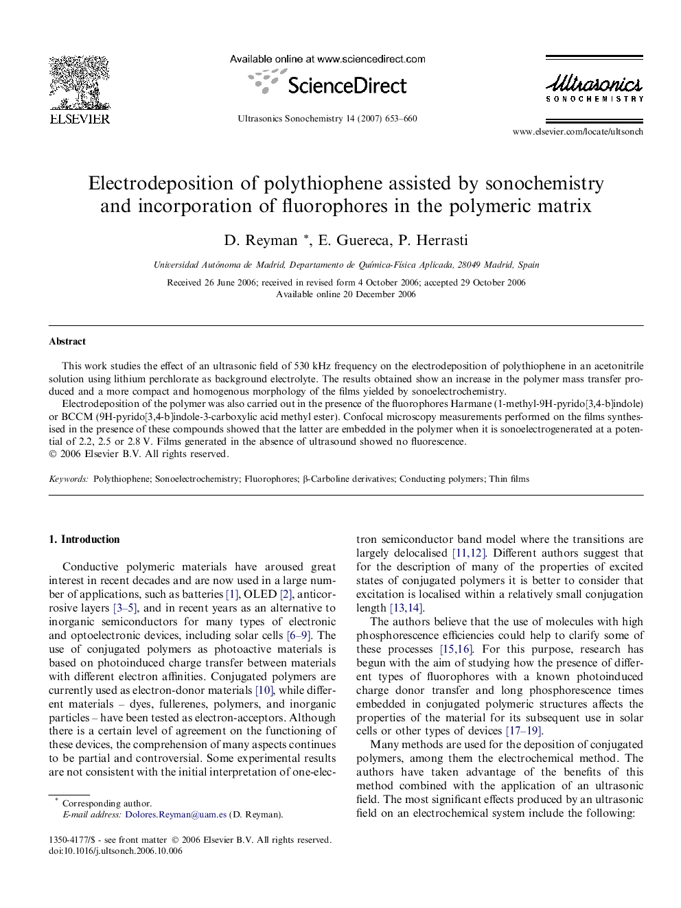 Electrodeposition of polythiophene assisted by sonochemistry and incorporation of fluorophores in the polymeric matrix