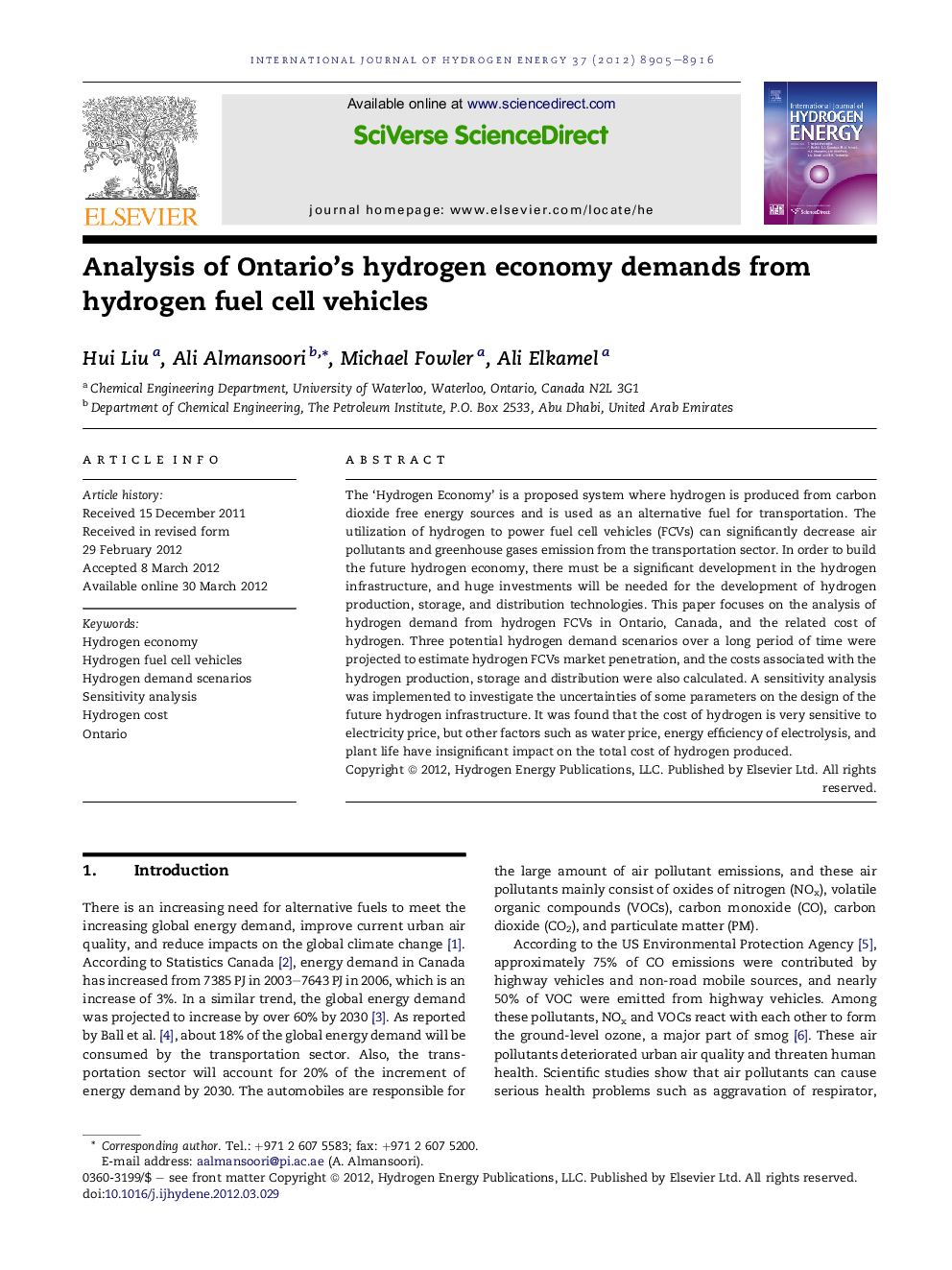 Analysis of Ontario's hydrogen economy demands from hydrogen fuel cell vehicles