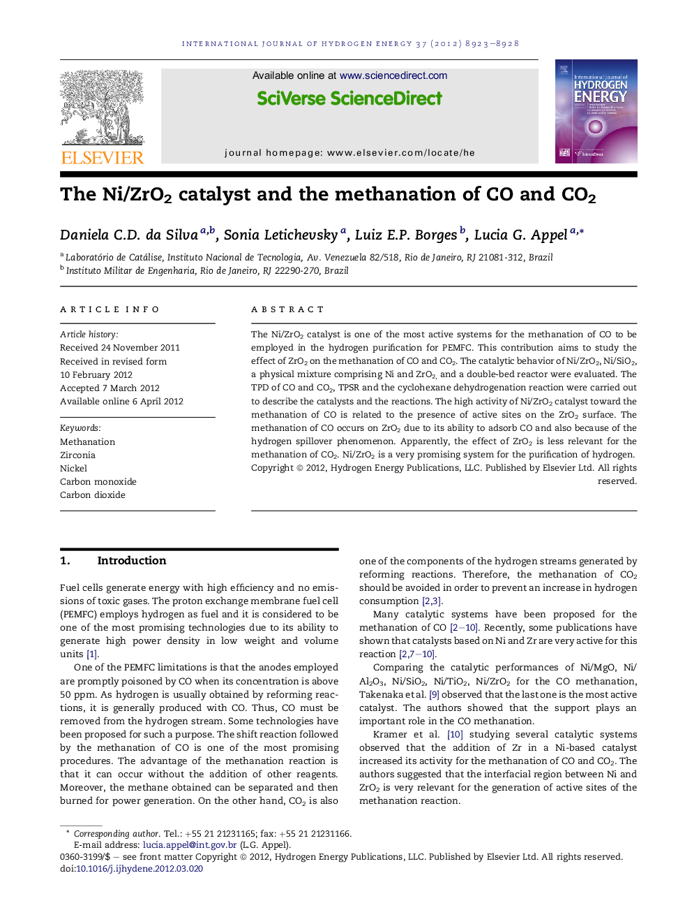 The Ni/ZrO2 catalyst and the methanation of CO and CO2