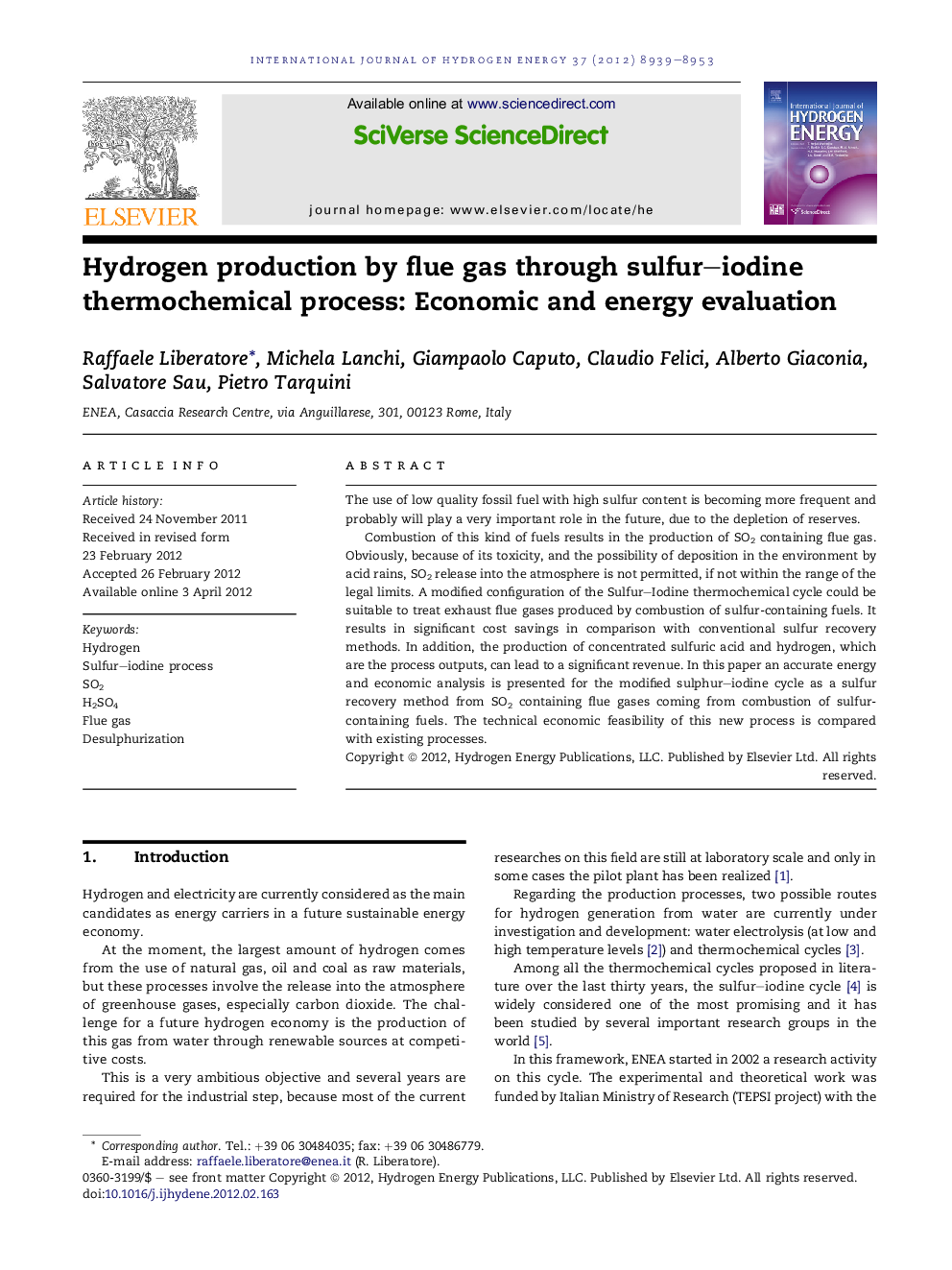 Hydrogen production by flue gas through sulfur–iodine thermochemical process: Economic and energy evaluation