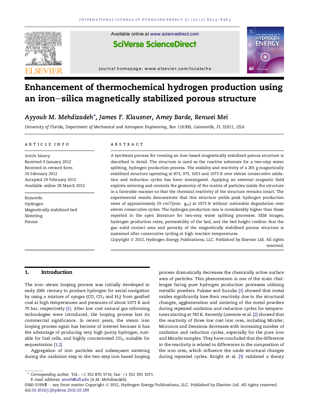 Enhancement of thermochemical hydrogen production using an iron–silica magnetically stabilized porous structure