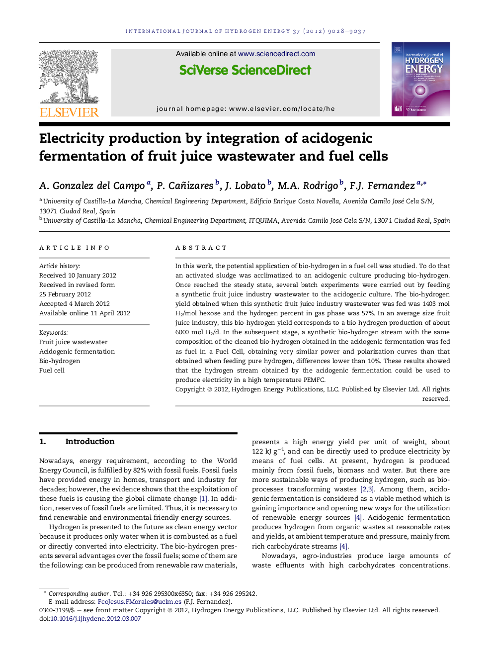 Electricity production by integration of acidogenic fermentation of fruit juice wastewater and fuel cells