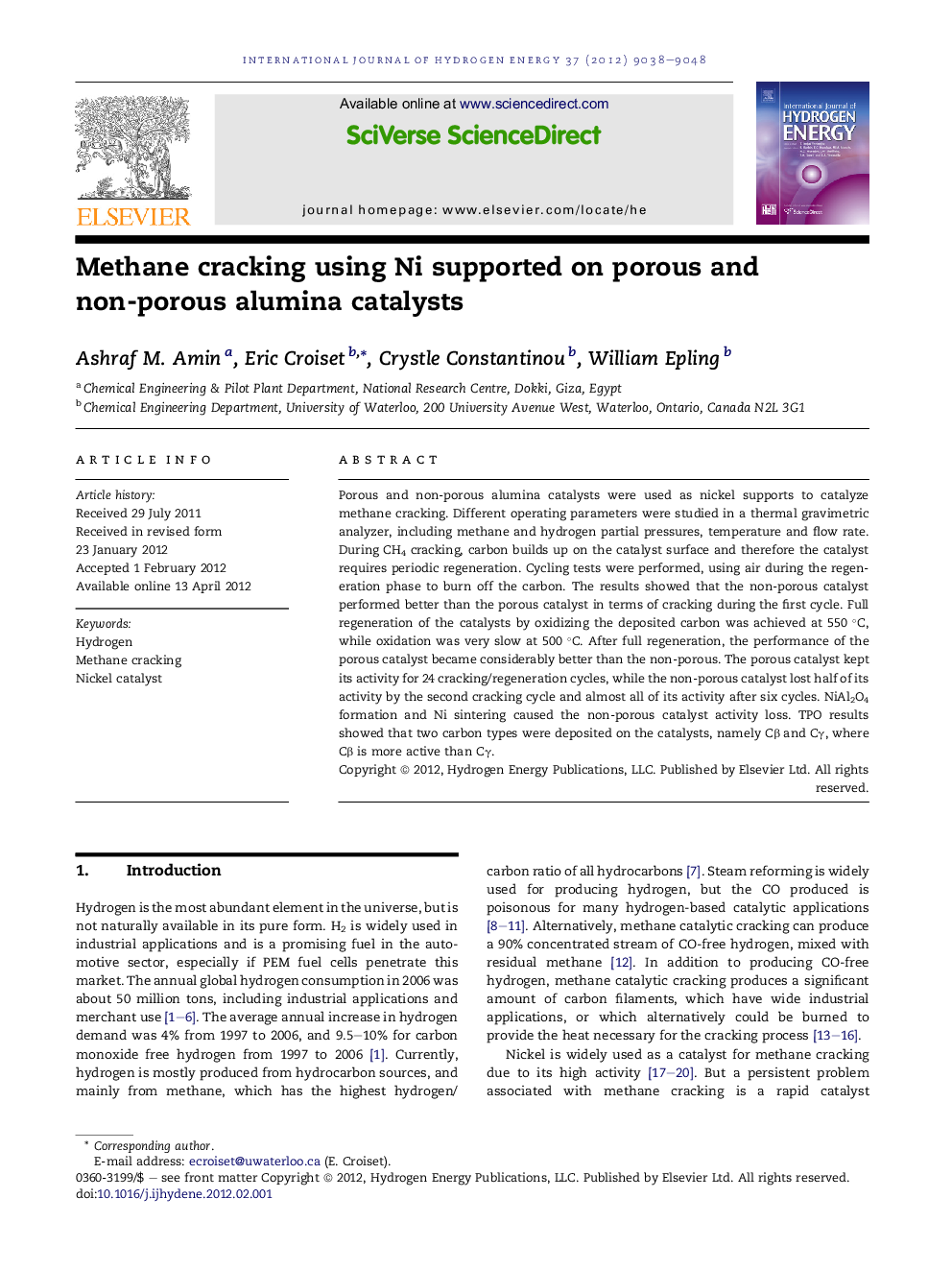 Methane cracking using Ni supported on porous and non-porous alumina catalysts