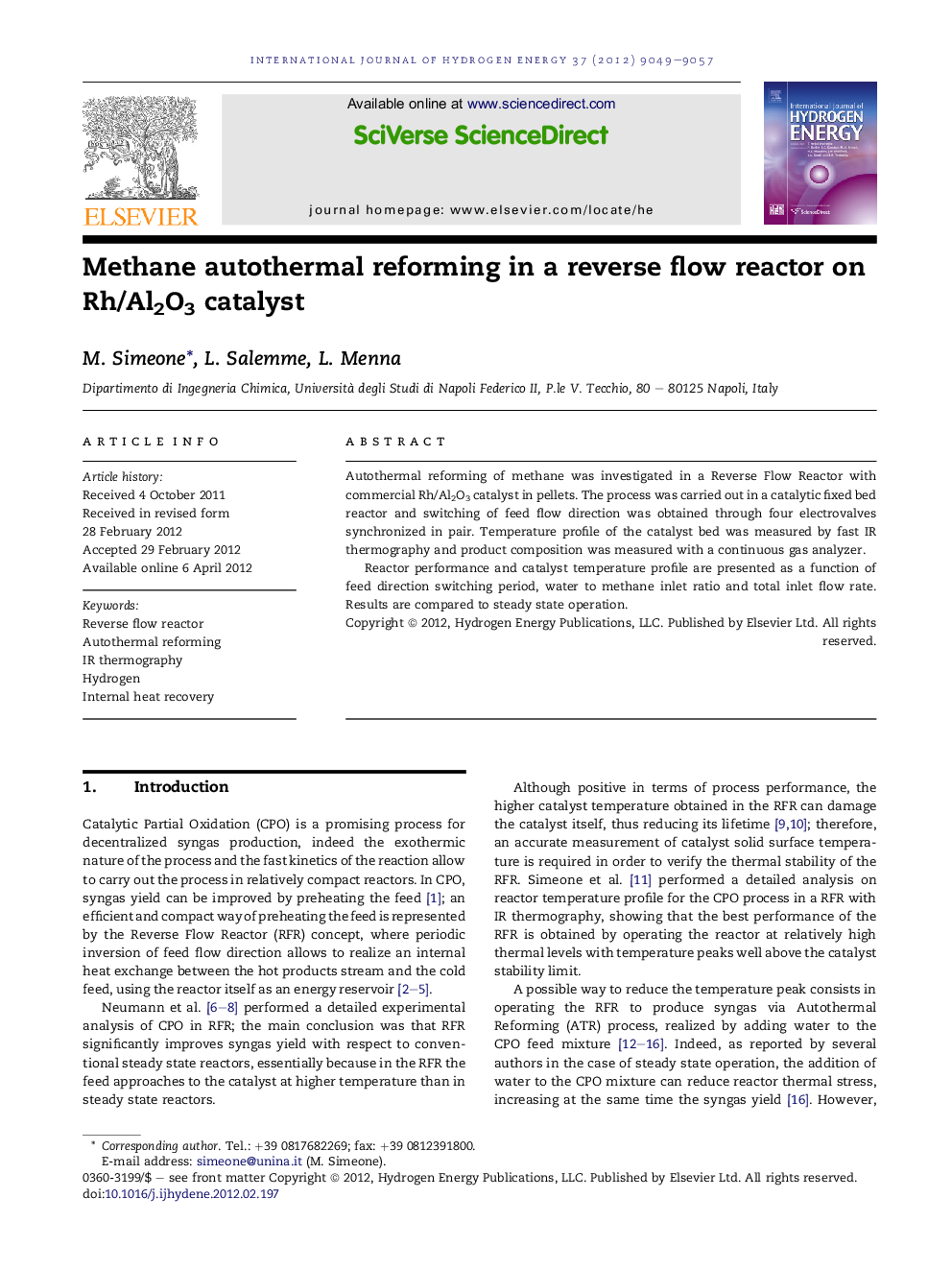 Methane autothermal reforming in a reverse flow reactor on Rh/Al2O3 catalyst