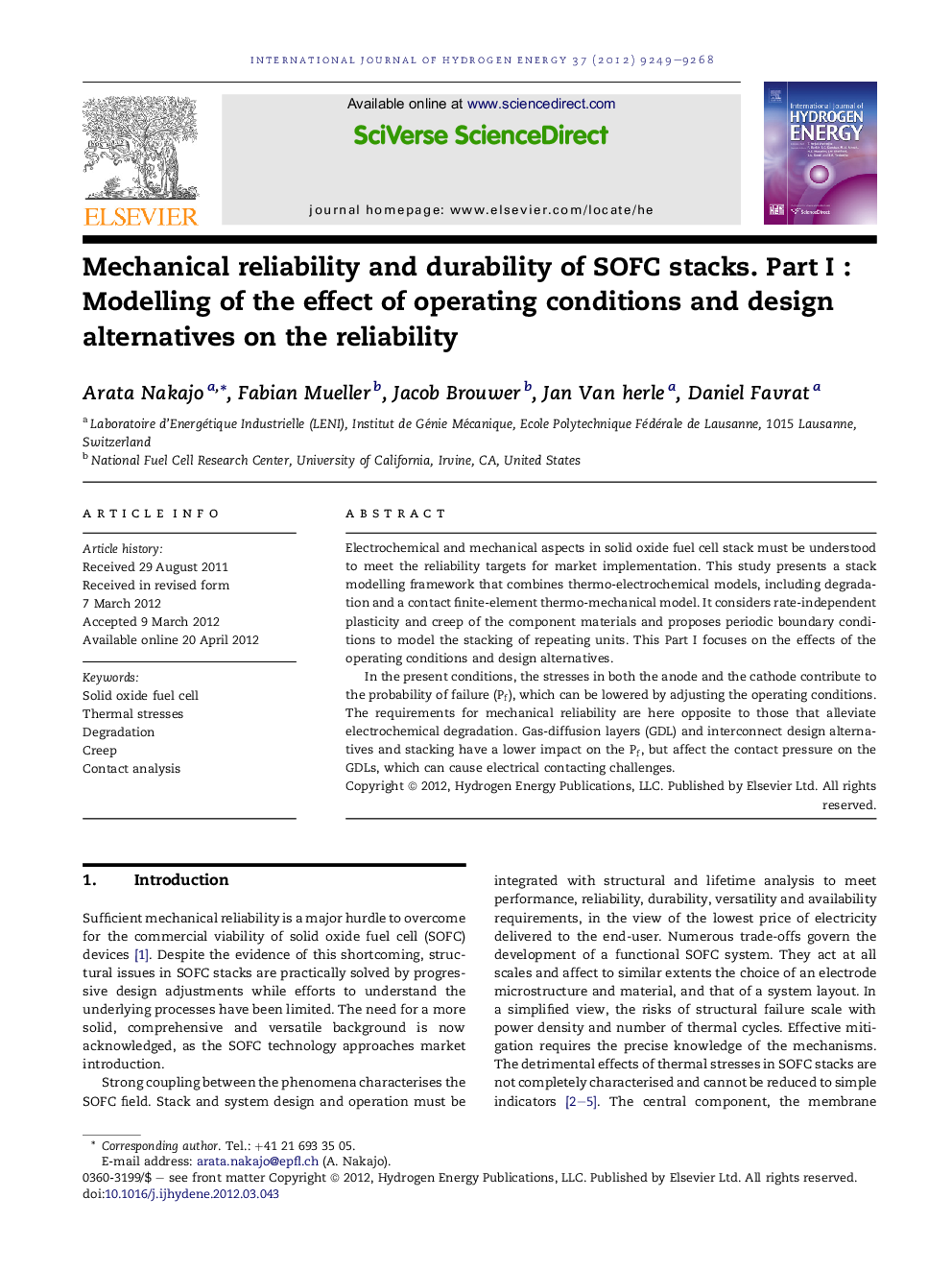 Mechanical reliability and durability of SOFC stacks. Part I : Modelling of the effect of operating conditions and design alternatives on the reliability