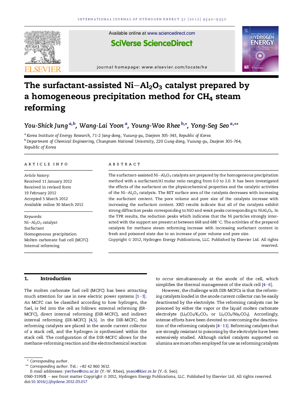 The surfactant-assisted Ni–Al2O3 catalyst prepared by a homogeneous precipitation method for CH4 steam reforming