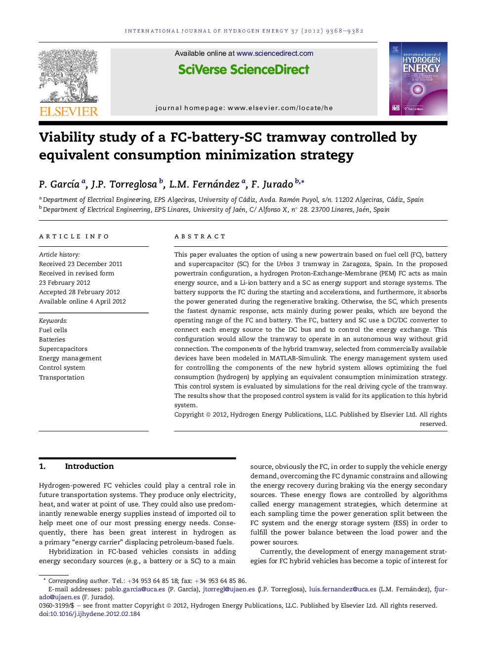 Viability study of a FC-battery-SC tramway controlled by equivalent consumption minimization strategy