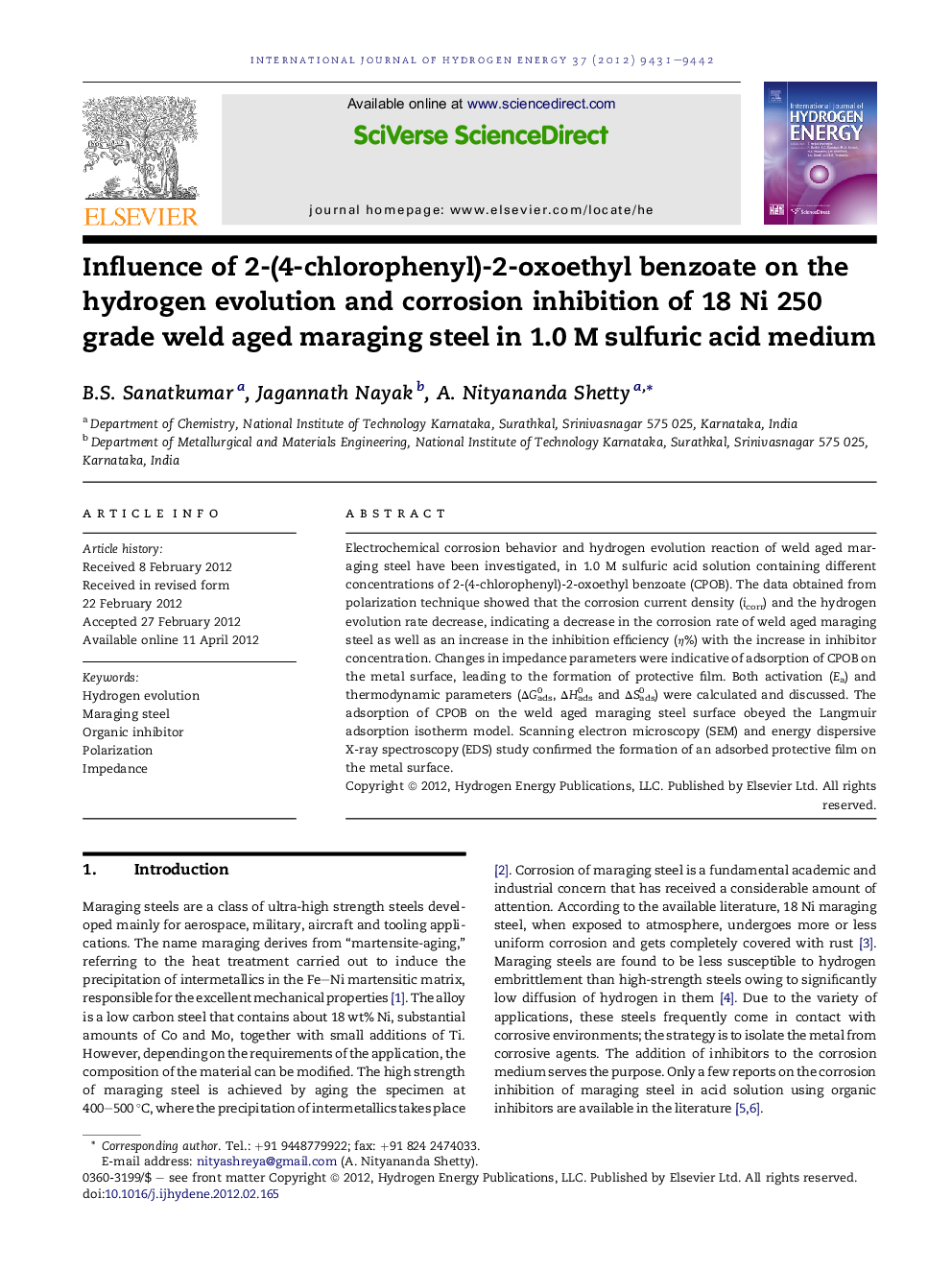 Influence of 2-(4-chlorophenyl)-2-oxoethyl benzoate on the hydrogen evolution and corrosion inhibition of 18 Ni 250 grade weld aged maraging steel in 1.0 M sulfuric acid medium