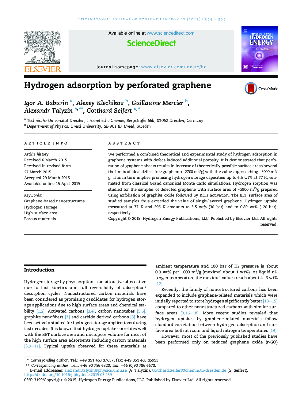 Hydrogen adsorption by perforated graphene