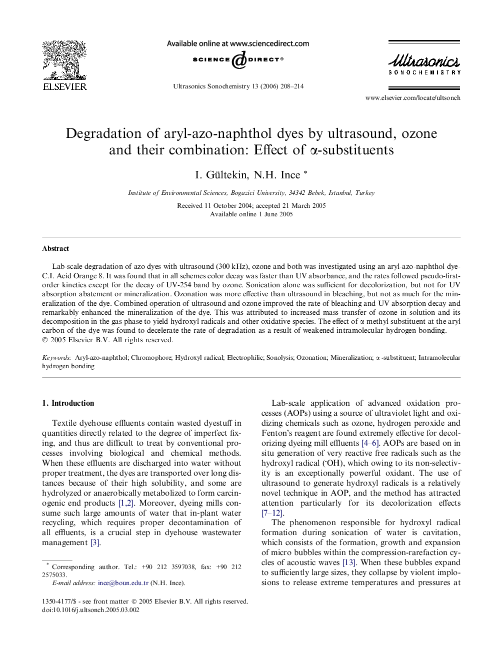 Degradation of aryl-azo-naphthol dyes by ultrasound, ozone and their combination: Effect of α-substituents