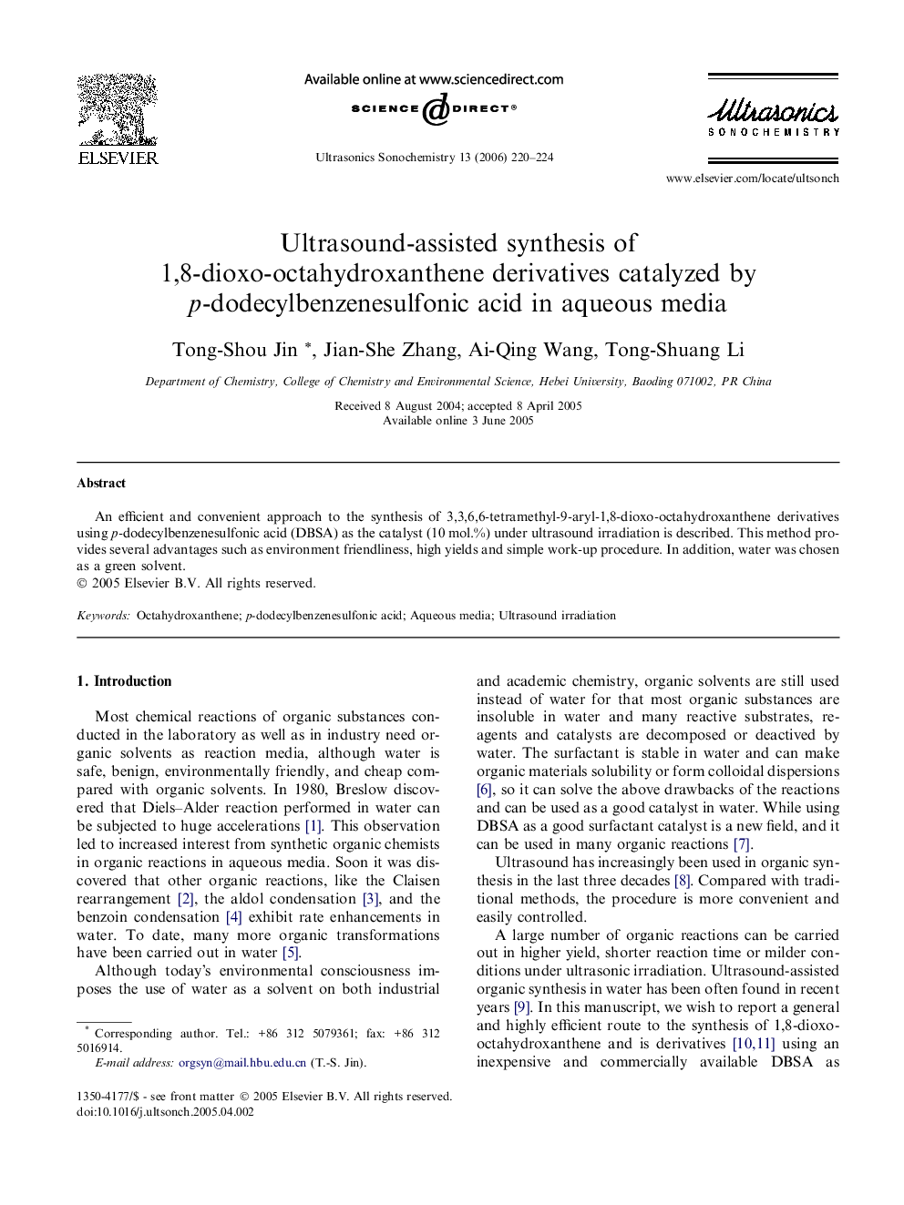 Ultrasound-assisted synthesis of 1,8-dioxo-octahydroxanthene derivatives catalyzed by p-dodecylbenzenesulfonic acid in aqueous media