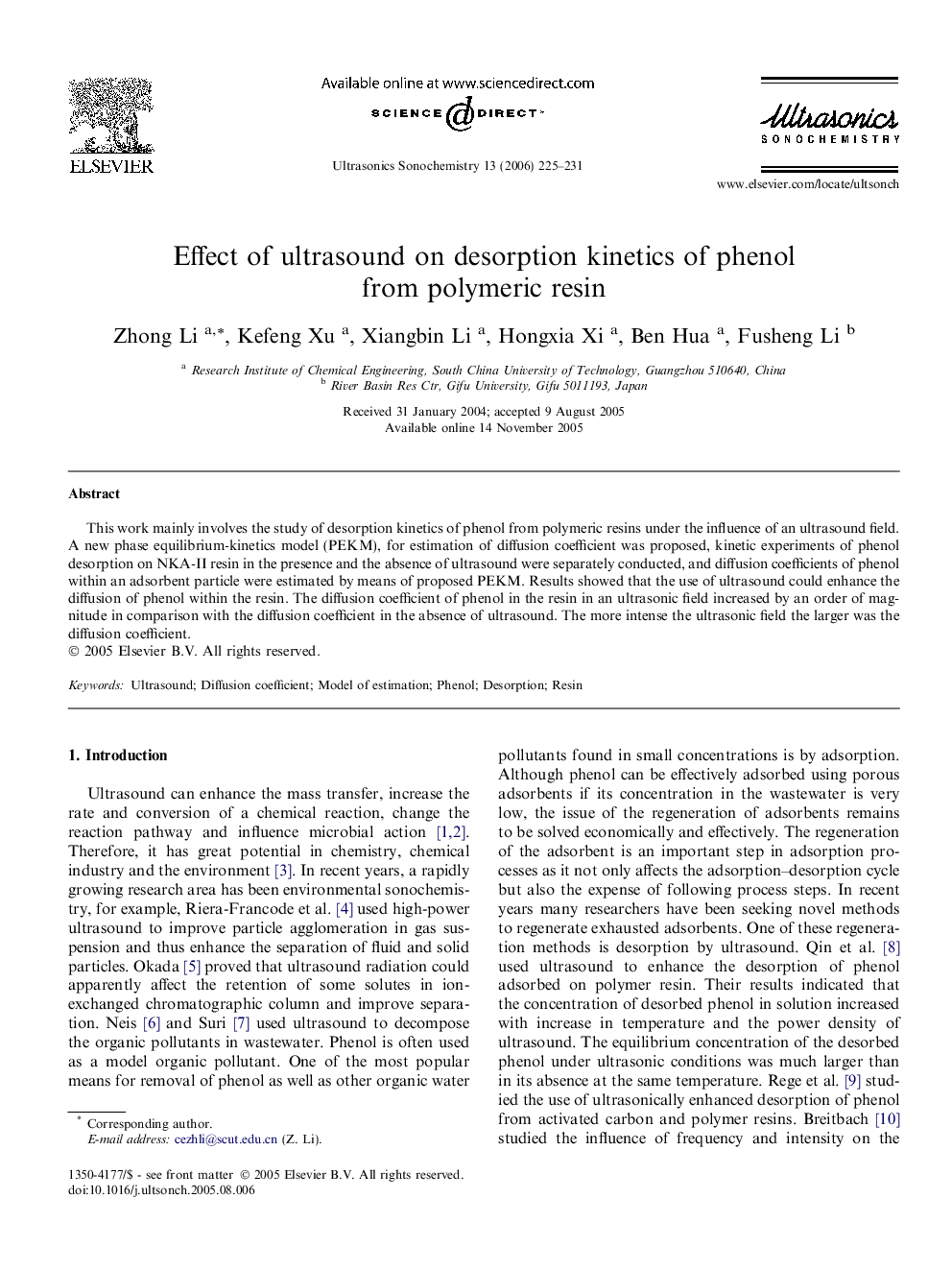 Effect of ultrasound on desorption kinetics of phenol from polymeric resin