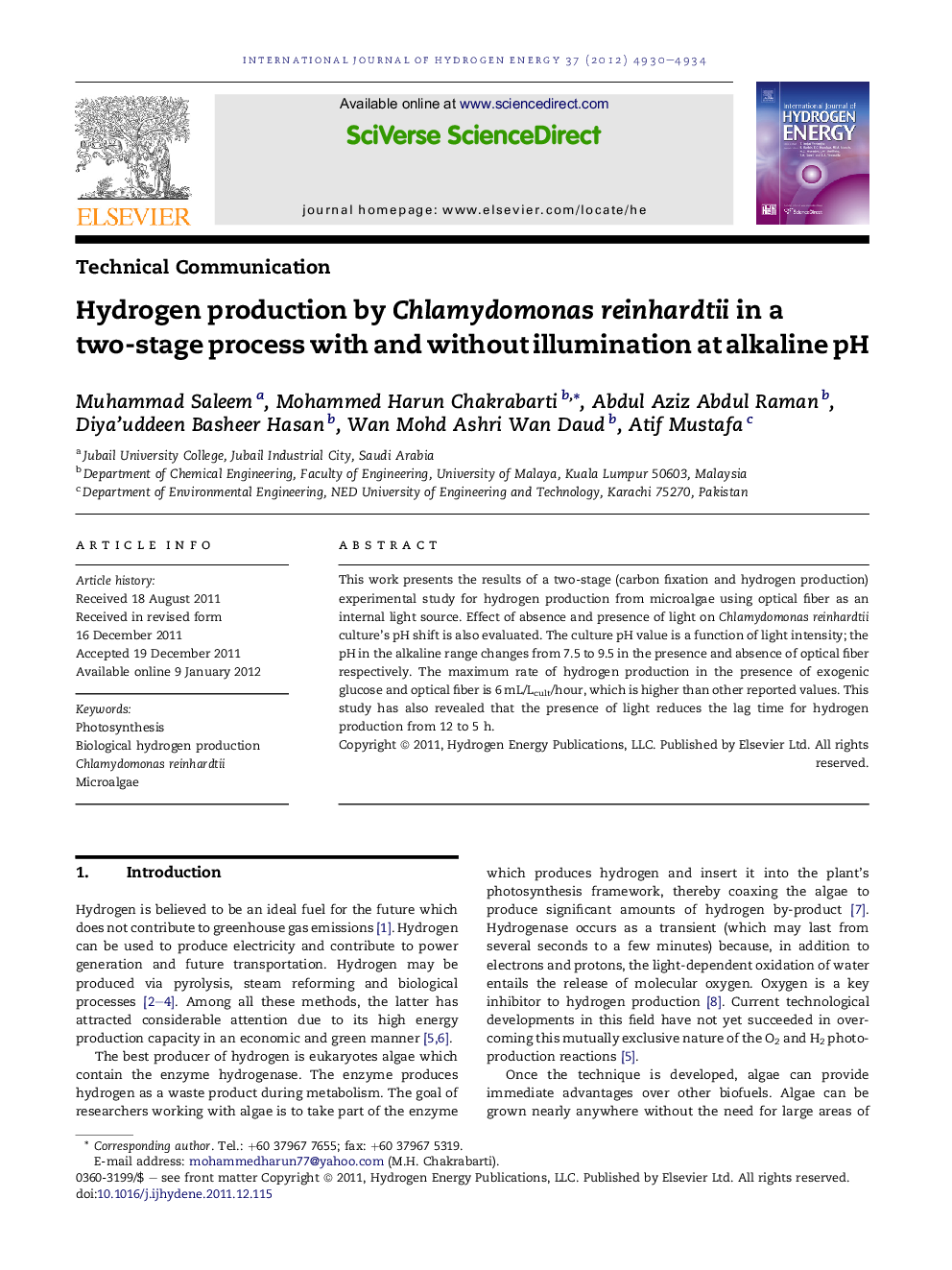 Hydrogen production by Chlamydomonas reinhardtii in a two-stage process with and without illumination at alkaline pH