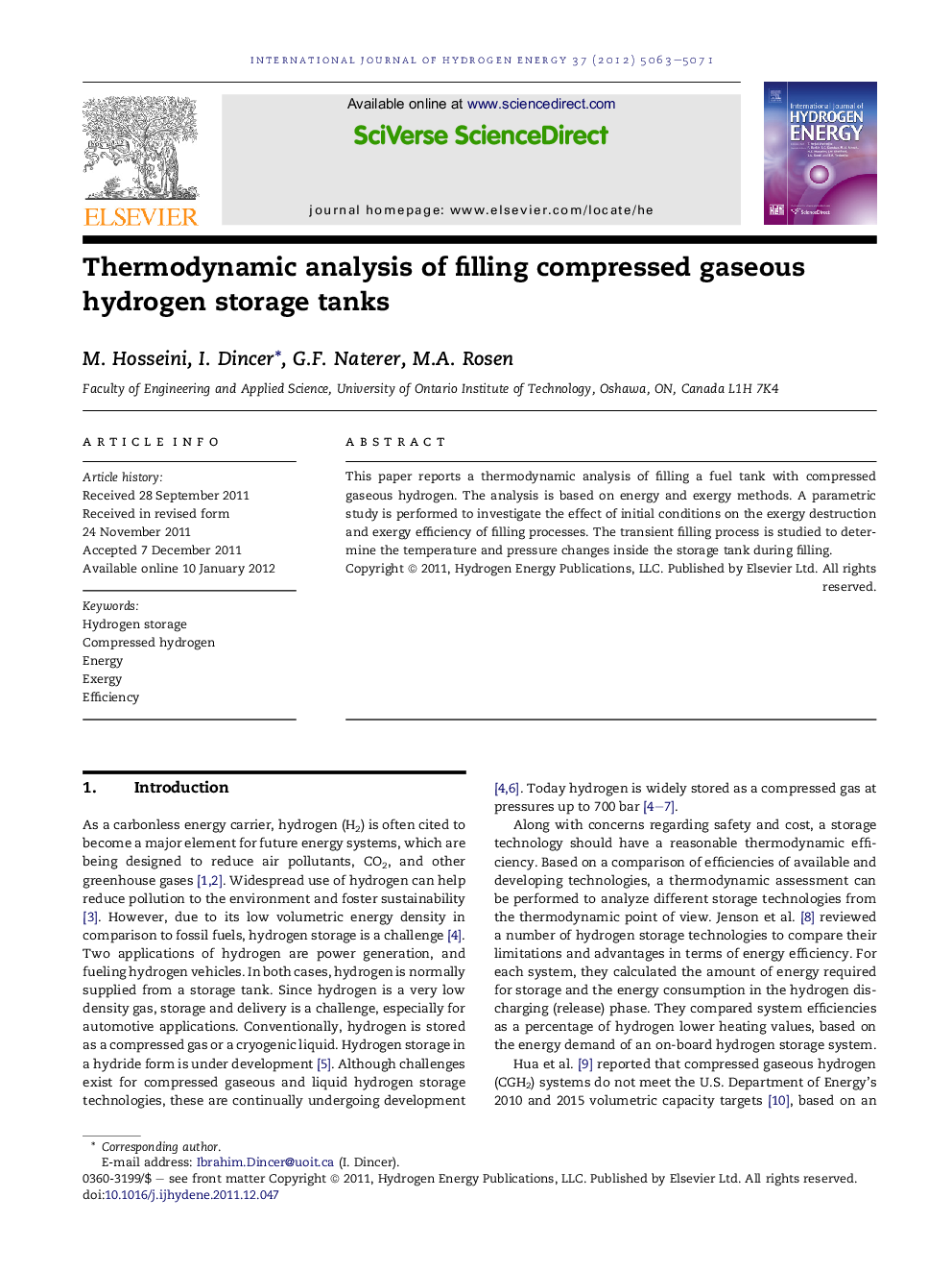 Thermodynamic analysis of filling compressed gaseous hydrogen storage tanks