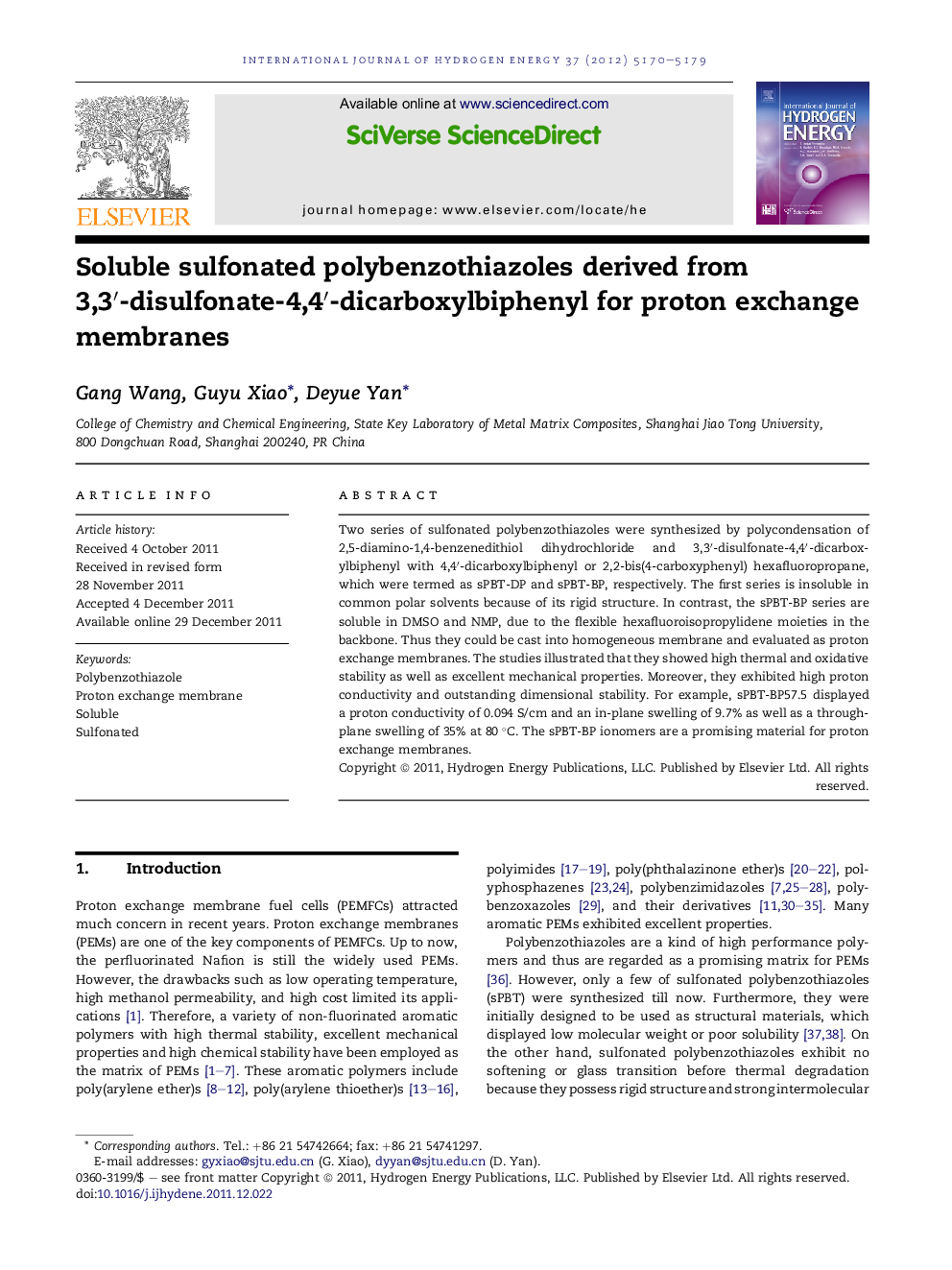 Soluble sulfonated polybenzothiazoles derived from 3,3′-disulfonate-4,4′-dicarboxylbiphenyl for proton exchange membranes