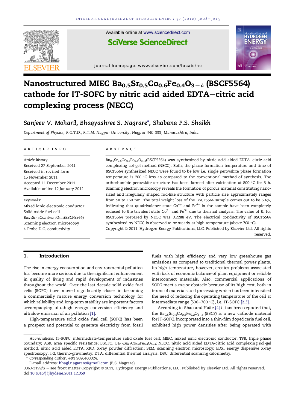 Nanostructured MIEC Ba0.5Sr0.5Co0.6Fe0.4O3−δ (BSCF5564) cathode for IT-SOFC by nitric acid aided EDTA–citric acid complexing process (NECC)