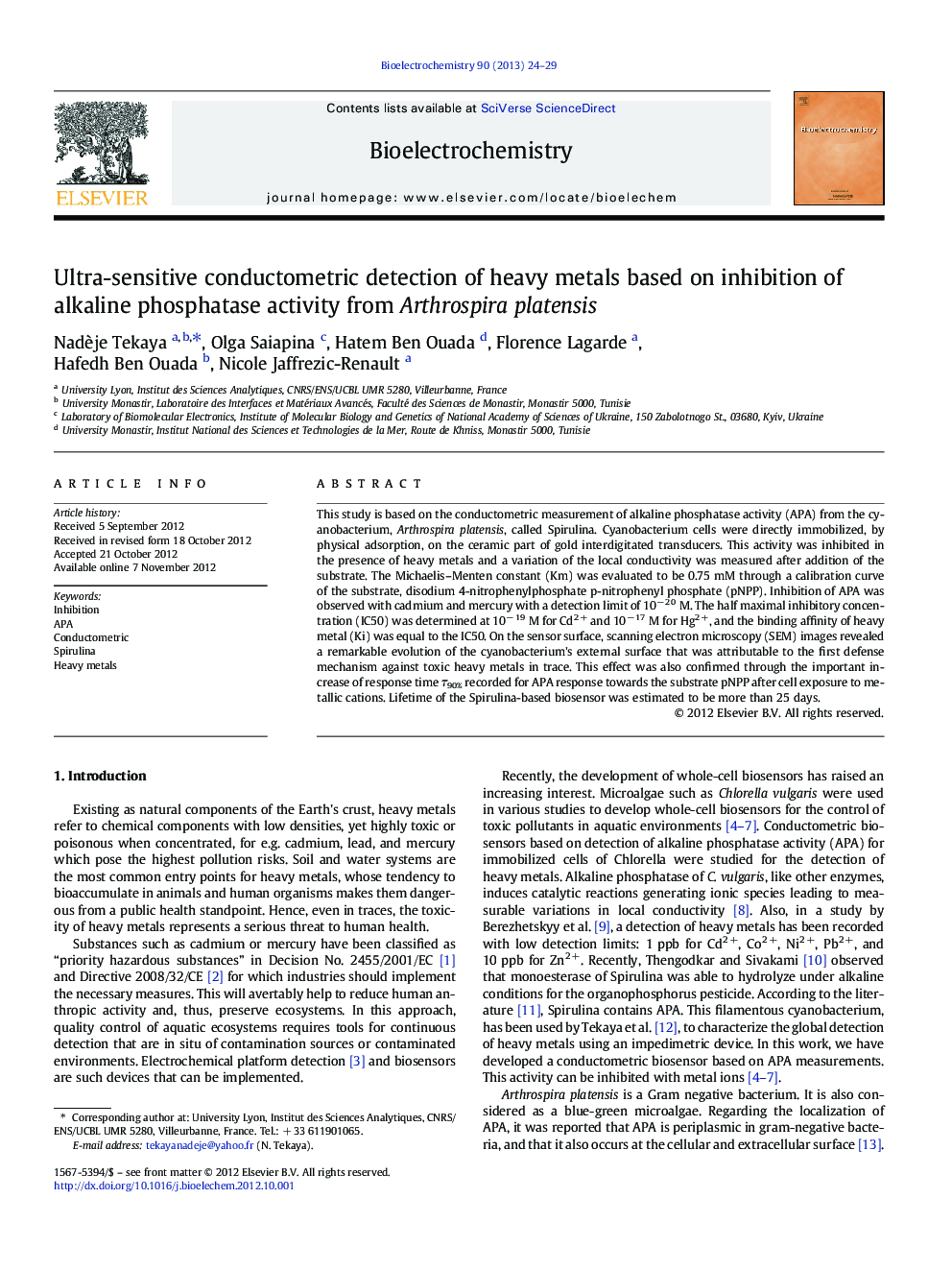 Ultra-sensitive conductometric detection of heavy metals based on inhibition of alkaline phosphatase activity from Arthrospira platensis