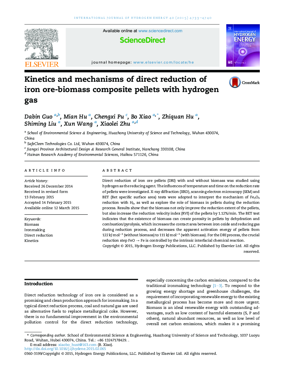 Kinetics and mechanisms of direct reduction of iron ore-biomass composite pellets with hydrogen gas