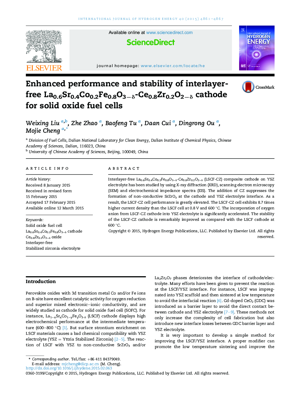 Enhanced performance and stability of interlayer-free La0.6Sr0.4Co0.2Fe0.8O3−δ-Ce0.8Zr0.2O2−δ cathode for solid oxide fuel cells